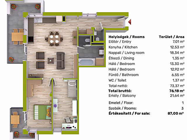 Eladó 3 szobás, erkélyes lakás a Palota Ligetben #13